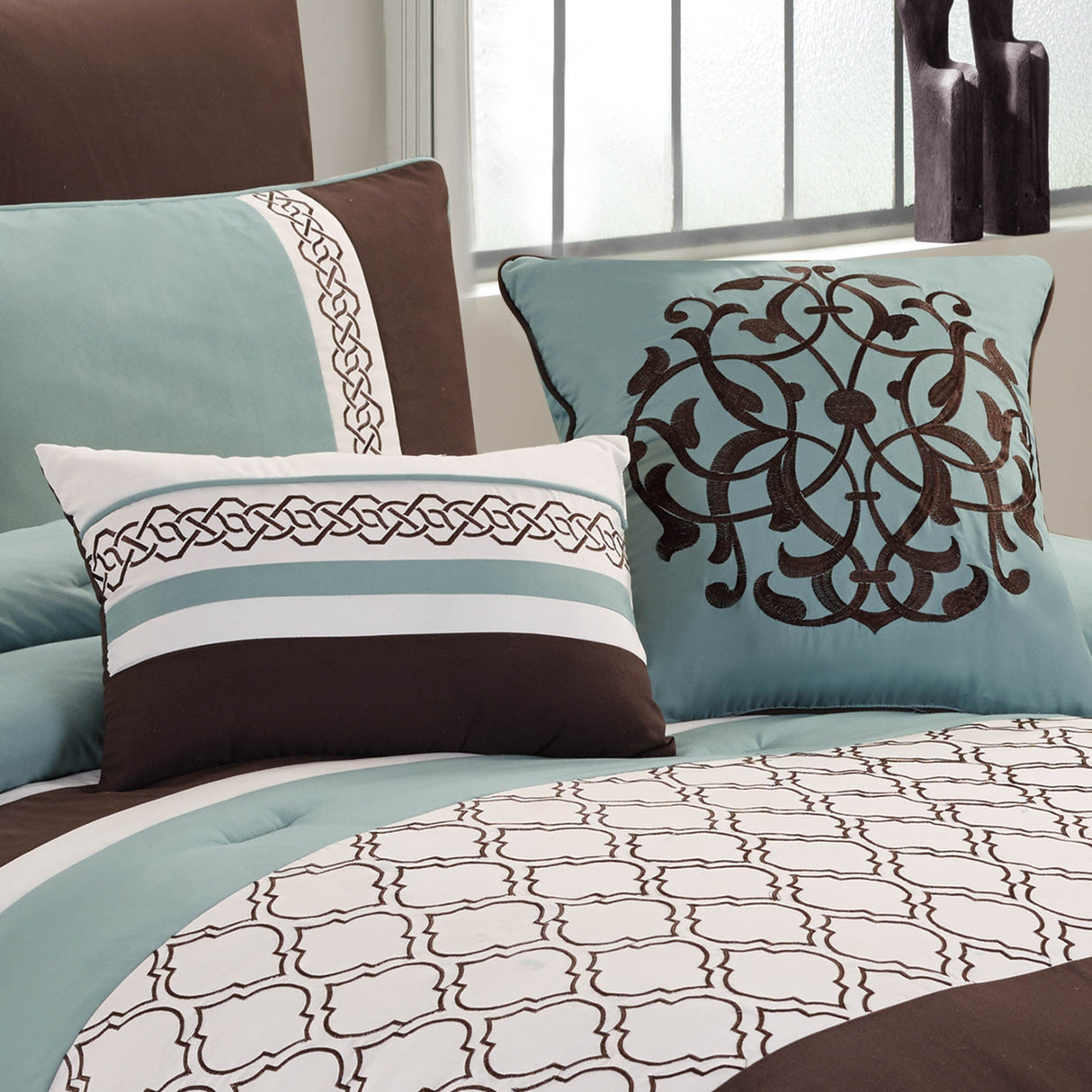Tolbert 8 Pc Teal & Brown Geometric Embroidered Comforter Set