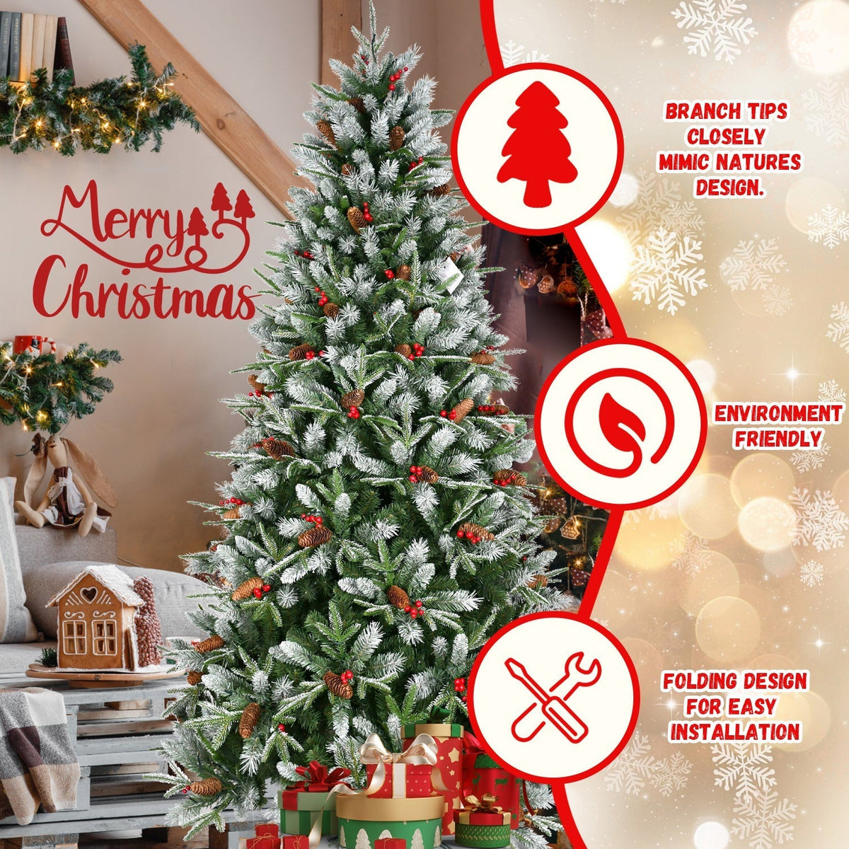 7.5-Foot Snow-Tipped Woodland Christmas Tree with Berries and Pine Cones - Green/White