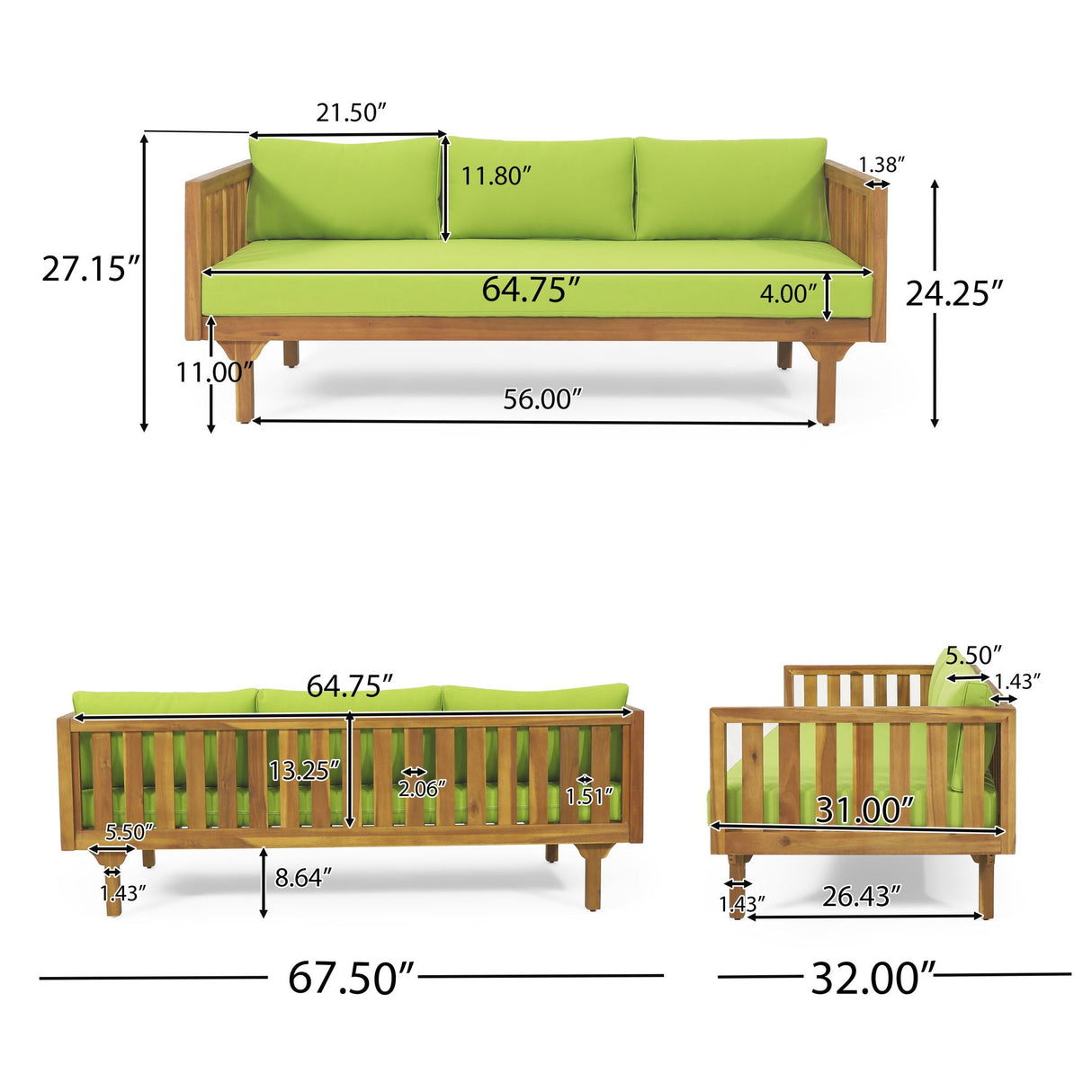 Claremont 3 Seater Daybed Teak Acacia Wood Water Resistant Cushions