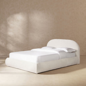 Archie Puffy Grounded Upholstered Platform Bed with Rounded Headboard - Green, White, Beige