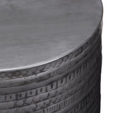 Johnsen 15 Inch Wide Tribal Pattern Metal Accent Table in Antique Silver