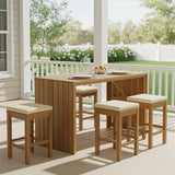 5 Piece Outdoor Bar Set with Acacia Wood Table and Cushioned Stools