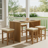 5 Piece Outdoor Bar Set with Acacia Wood Table and Cushioned Stools