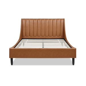 Aspen Vertical Tufted Modern Headboard Platform Bed Set, Queen, Caramel Tan Brown Faux Leather
