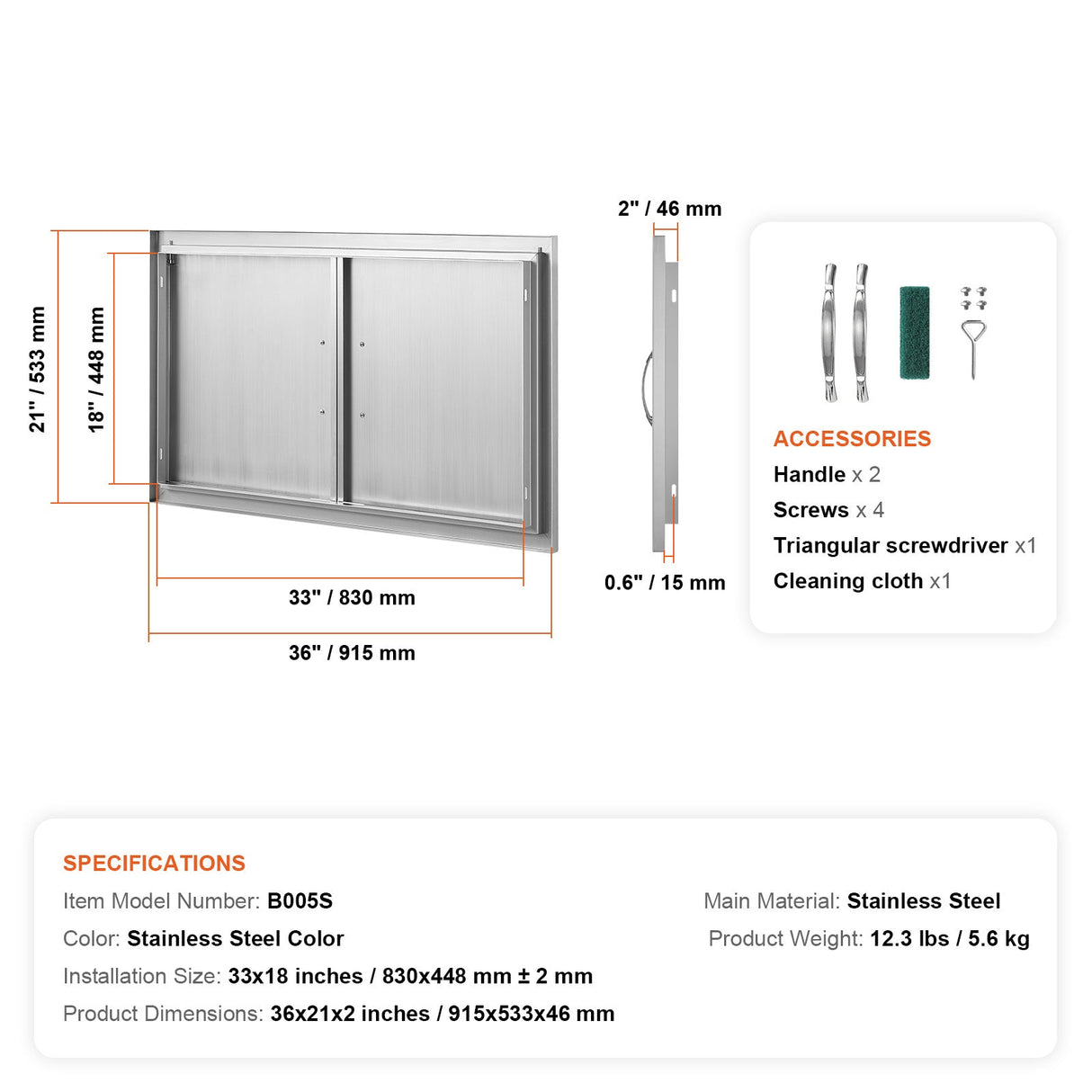BBQ Access Door, 36W x 21H Inch Stainless Steel Outdoor Kitchen Door