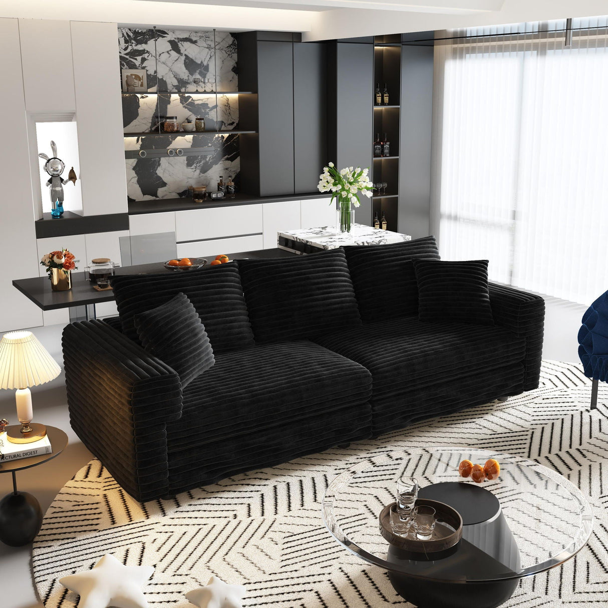 Deep Seat Convertible Sofa With Soft Pillows And Ottomans