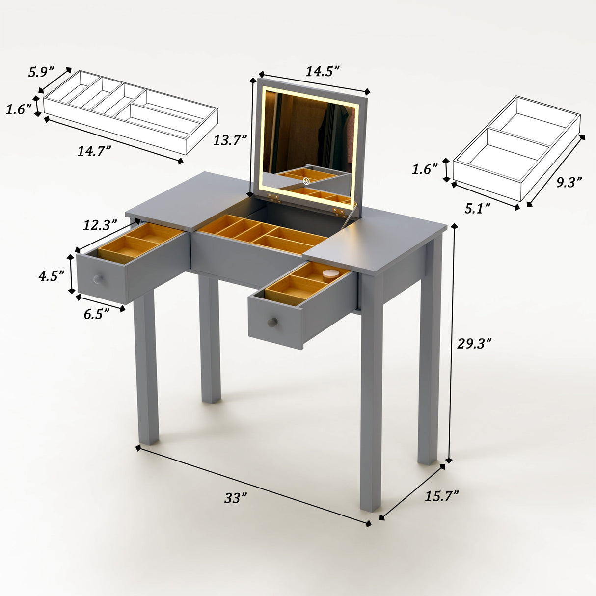 Grey vanity table with led lights, flip-top mirror and 2 drawers, jewelry storage