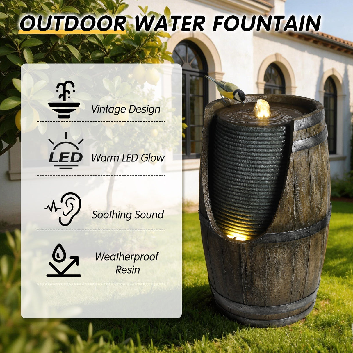 Wooden Barrel Style Outdoor Water Fountain with Lights Resin Rustic Garden Waterfall Decor for Patio Porch Yard