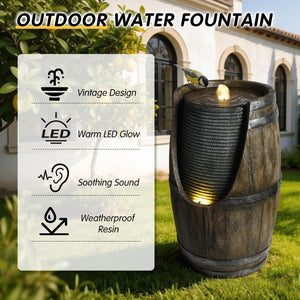 Wooden Barrel Style Outdoor Water Fountain with Lights Resin Rustic Garden Waterfall Decor for Patio Porch Yard