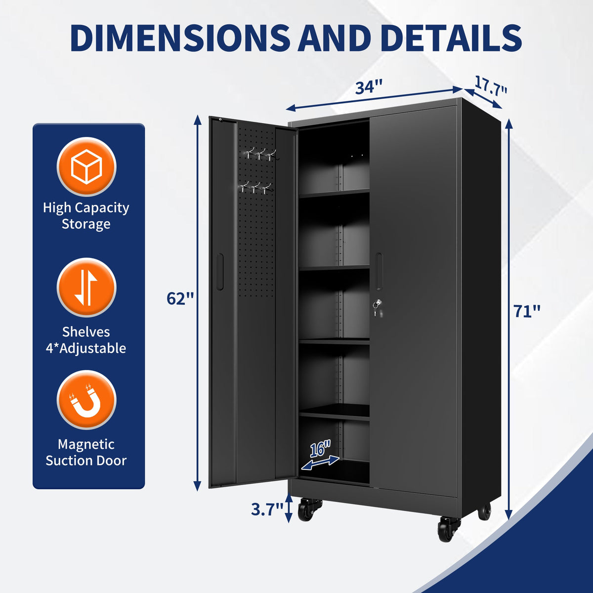 Heavy Duty Metal Storage Cabinet with Doors and Wheels