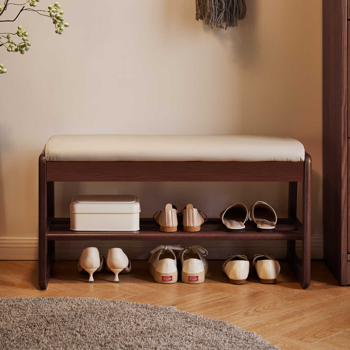 Wood Shoe Storage Bench with Premium Vegan Leather Seat