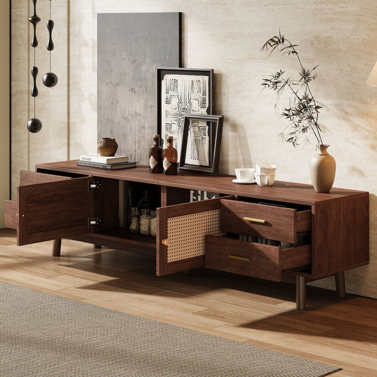 70" TV Stand With Doors For TVs Up To 80", Media Console With 4 Drawers & Cable Holes - Dark Brown
