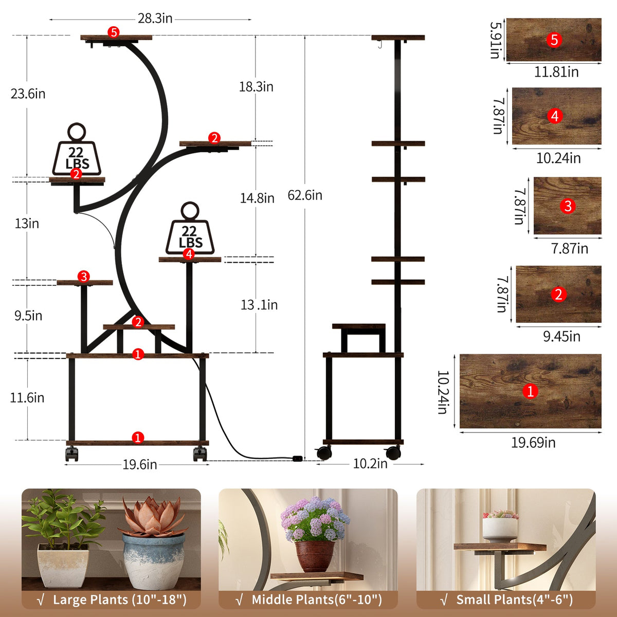Plant Stand Indoor with Grow Lights - 62" Tall