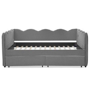 Full Size Cozy Gingham Daybed with Two Storage Drawers, with USB Port and Adorable Wave Shaped, Linen Fabric
