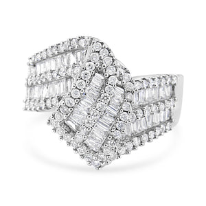 14K White Gold 1-1/2 Cttw Round and Baguette Diamond Bypass Cocktail Ring Band (H-I Color, SI1-SI2 Clarity) - Size 7