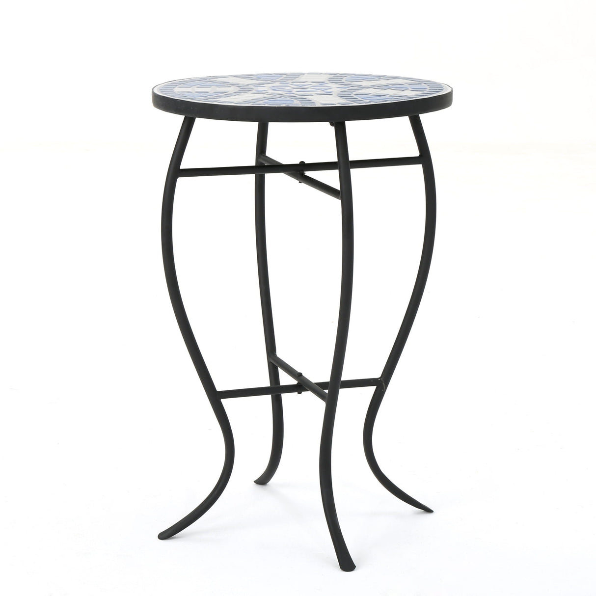 Outdoor Round Side Table With Mosaic Style Top And Curved Iron Legs - Blue / Matte Black