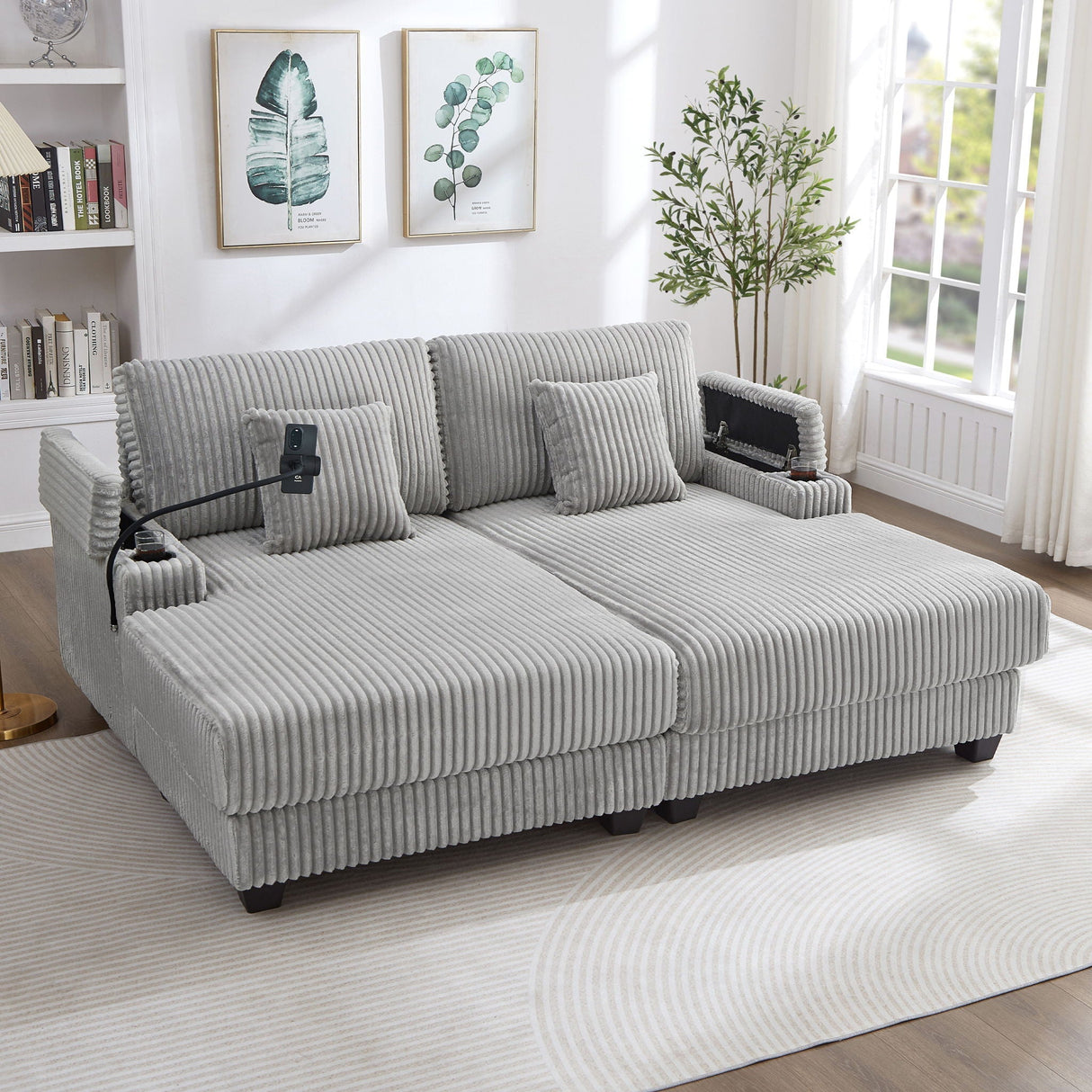 Modern Chaise Sofa With Adjustable Backrest, Cup Holders, Phone Holder & Storage Compartments
