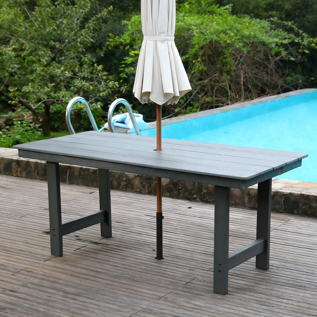HDPE outdoor patio dining set, one table and four chairs. The outdoor dining furniture has sunshade holes and is suitable. It is suitable for lawns, gardens, backyards, and pool sides.Grey,Waterproof