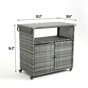 Outdoor Wicker Bar Cart with Glass Top and Wheels - Light Brown