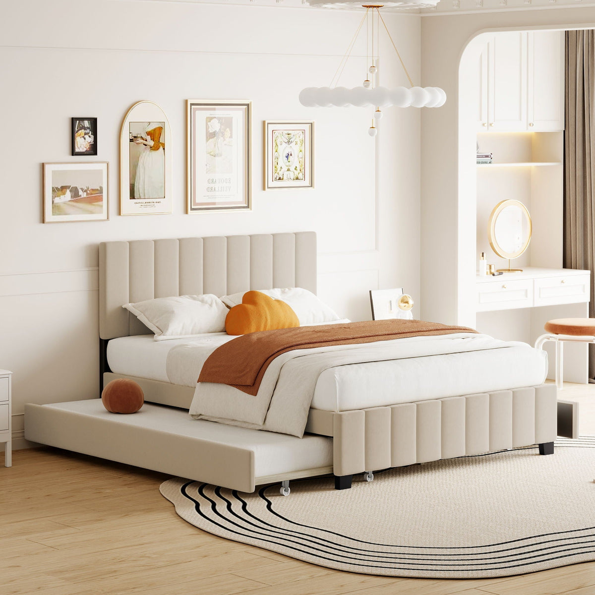 Platform Upholstered Bed with 2 Drawers and Twin Long Trundle