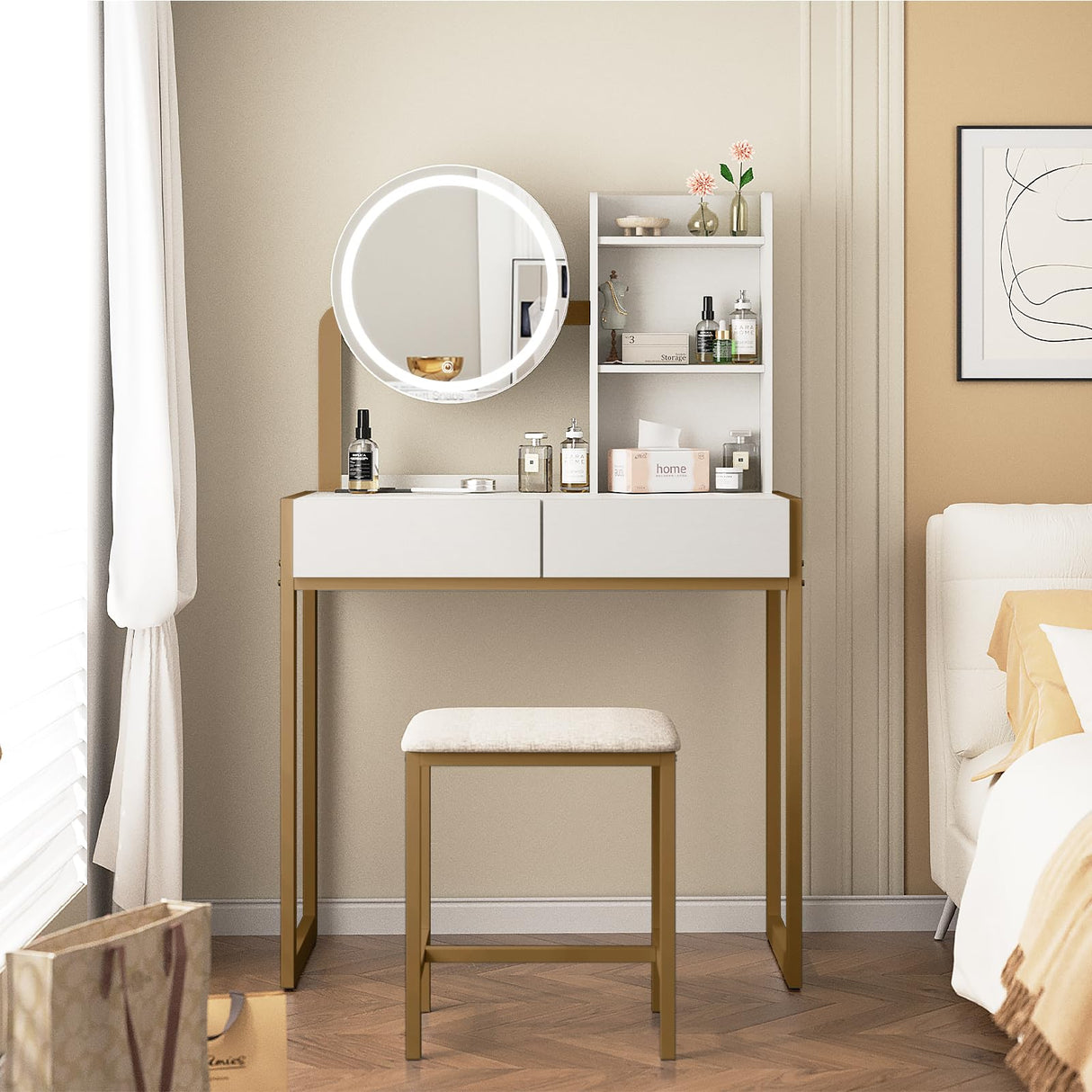 Small Vanity Desk with Mirror and Lights