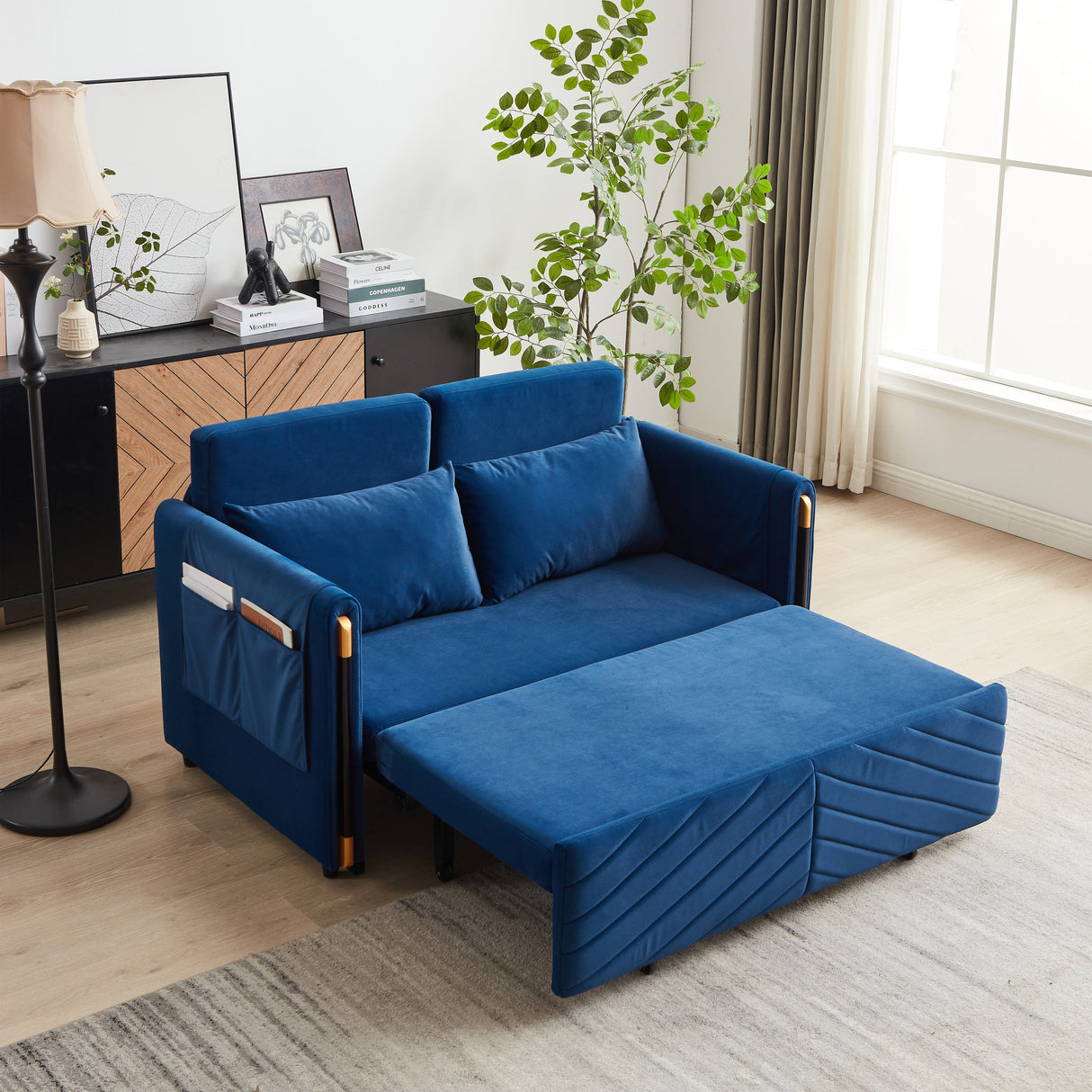 Convertible Velvet Loveseat Sleeper with Arm Storage and Adjustable Back