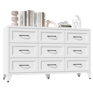 9 Drawer Dresser for Bedroom, Metal Profile Chest of Drawers, White Bedroom Dresser with Storage Drawers for Closet, Hallway, Entryway, Steel Furniture with Quiet-Glide Rails, Easy-Clean & Scratch
