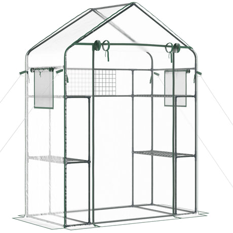 Walk-in mini greenhouse with mesh door & windows, portable garden green house with 3 tiers 6 shelves, trellis, & plant labels