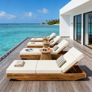 Modern Acacia Wood Outdoor Chaise Lounge with Beige Cushion