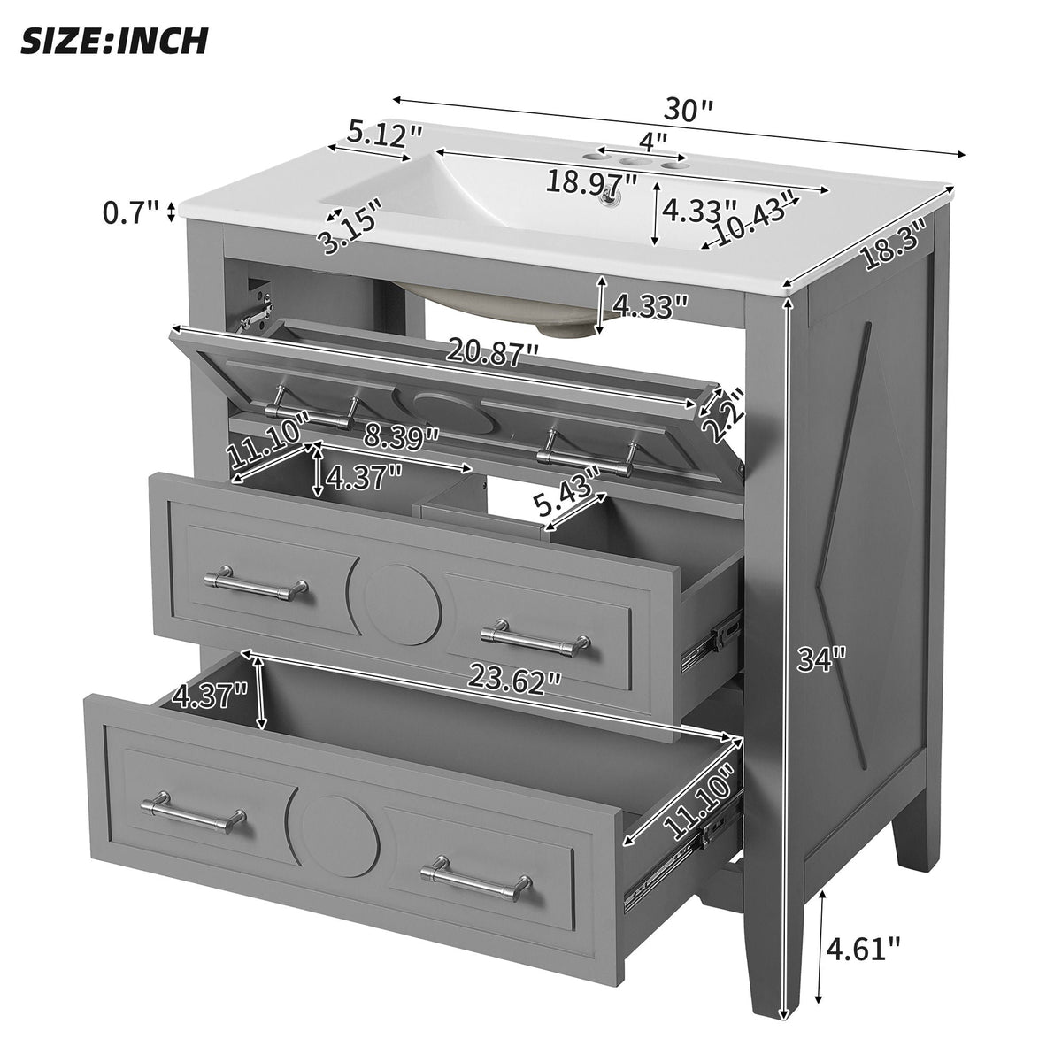 Retro Bathroom Vanity with Sink Combo, Free Standing, 3 Soft-Close Drawers - Dark Gray or White