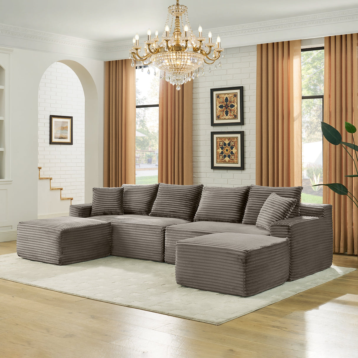 115" Comfy U-Shaped Sectional Modern Boneless Corduroy Couch