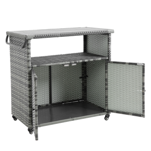 Outdoor Wicker Bar Cart with Glass Top and Wheels