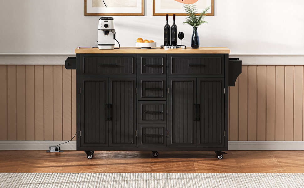 K&K 56.5'' Kitchen Island with Drop Leaf, Power Outlet