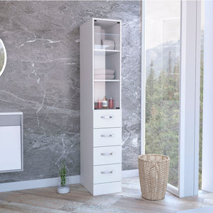 Linen Cabinet, 3 Shelves, 4 Drawers And Metal Handles - White