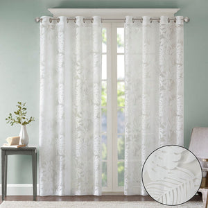 Palm Leaf Burnout Sheer Window Curtain with Antique Silver Grommets - White