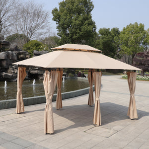 Khaki Outdoor Patio Gazebo Canopy Tent with Ventilated Double Roof and Mosquito Net, 13x10 Ft