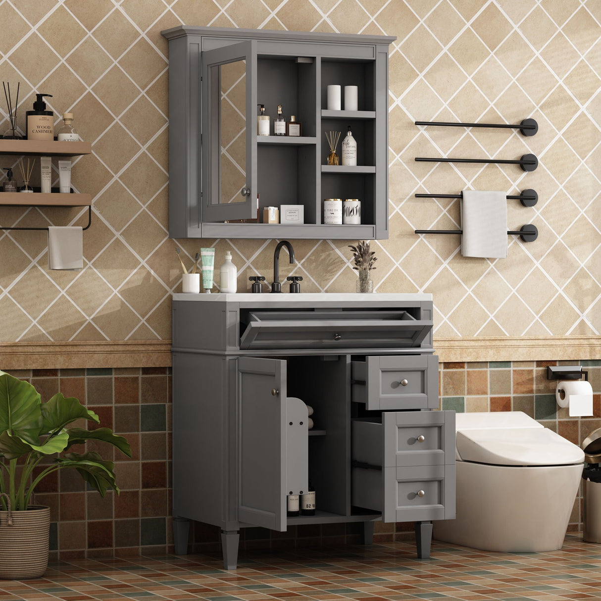 Bathroom Vanity With Top Sink, 2 Doors And 3 Drawers, Freestanding Set With Mirror Cabinet
