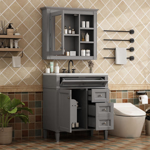 Bathroom Vanity With Top Sink, 2 Doors And 3 Drawers, Freestanding Set With Mirror Cabinet