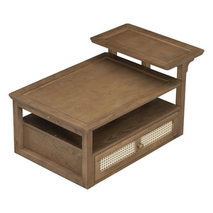 Coffee Table With 1 Storage Shelf, 2 Tabletops And 1 Rattan Drawer