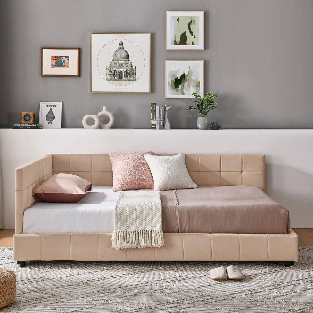 Mid-Century Storage Upholstered Tufted Bed Frame With Backrest And Armrests