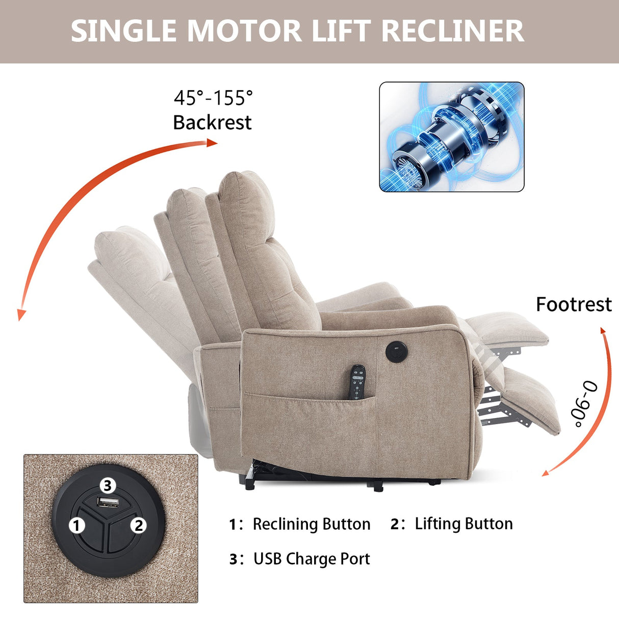 Khaki Chenille Power Lift Recliner Chair with Massage and Heat