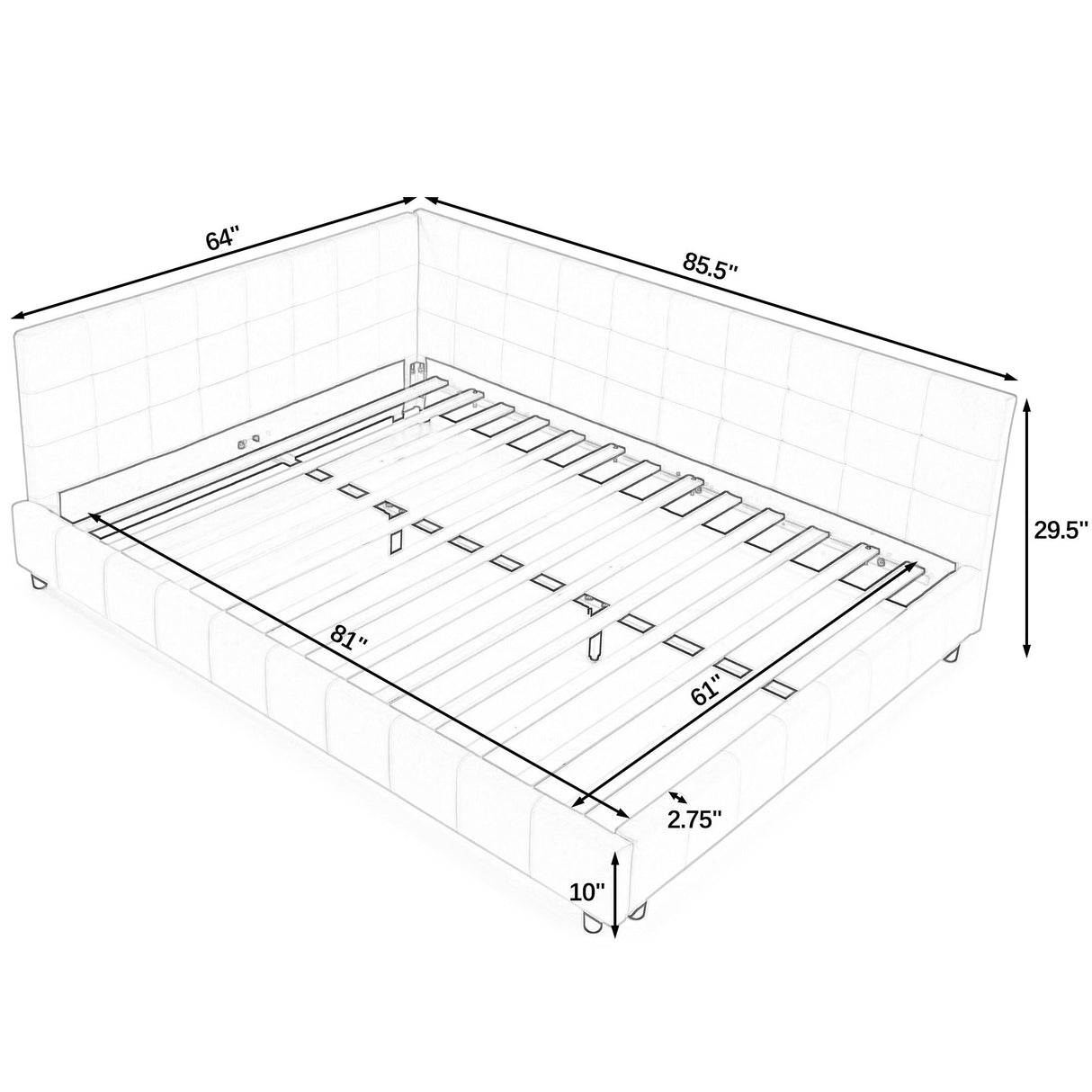 Mid-Century Storage Upholstered Tufted Bed Frame with Backrest and Armrests