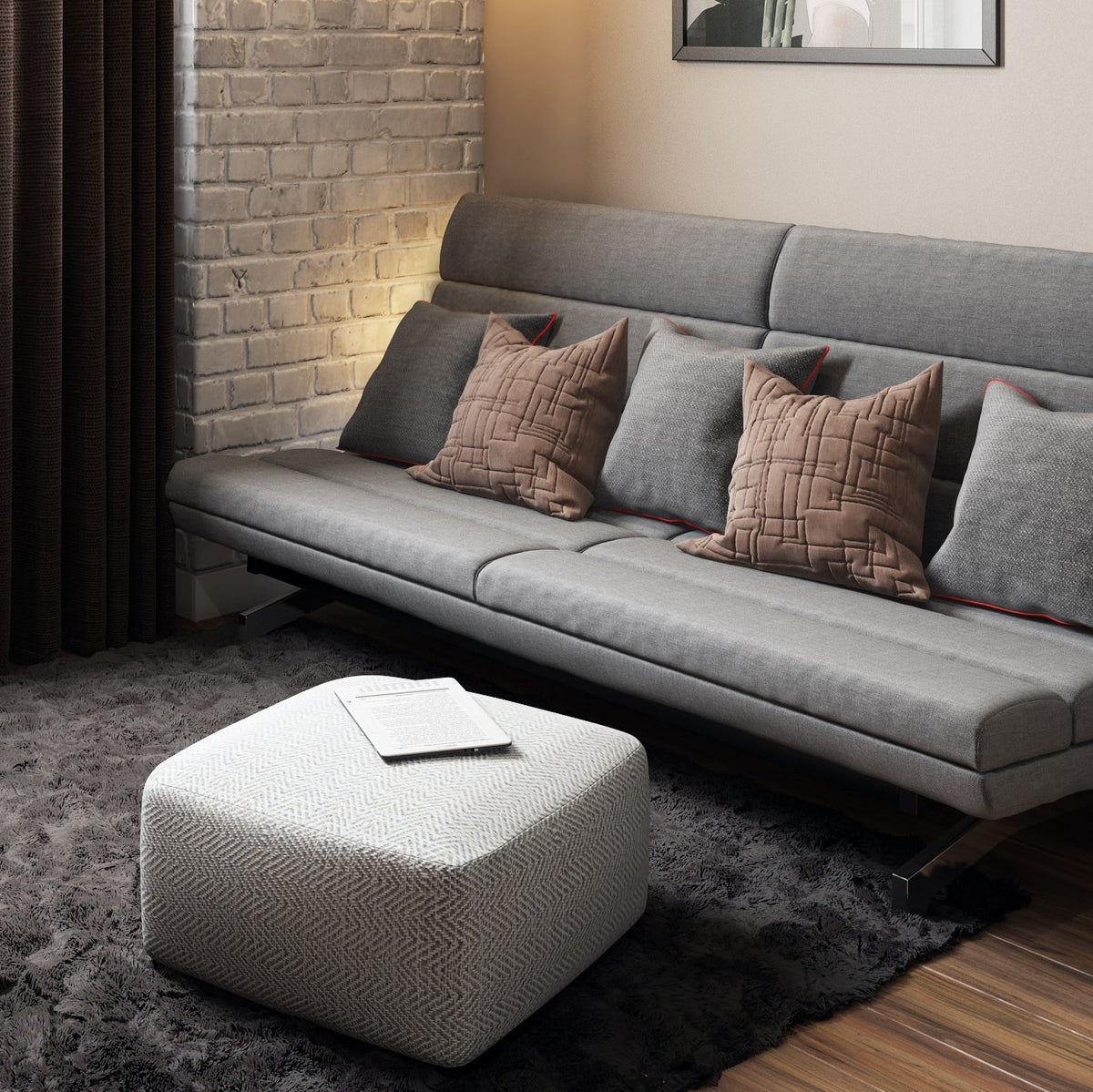 Patterned Grey Melange Square Accent Pouf with Polystyrene Fill - Grey