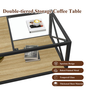 Modern Coffee Table with Tempered Glass and Natural Wood MDF Top