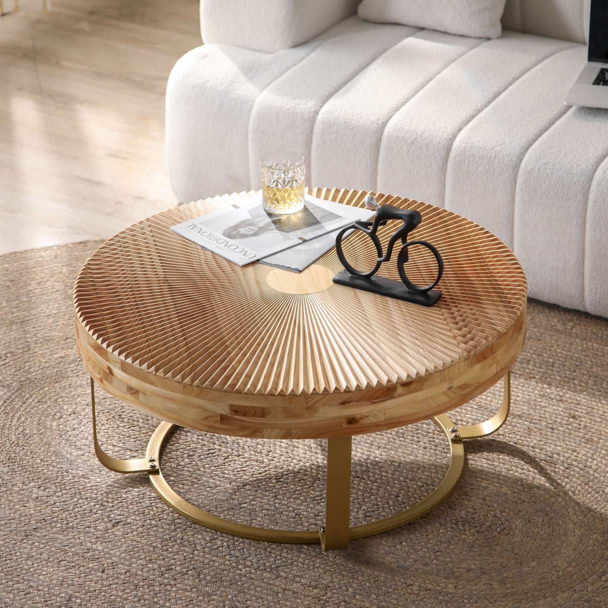 Modern Round Coffee Table with Wooden Carving Pattern and Metal Legs in Golden Natural Finish, Pine and MDF Construction