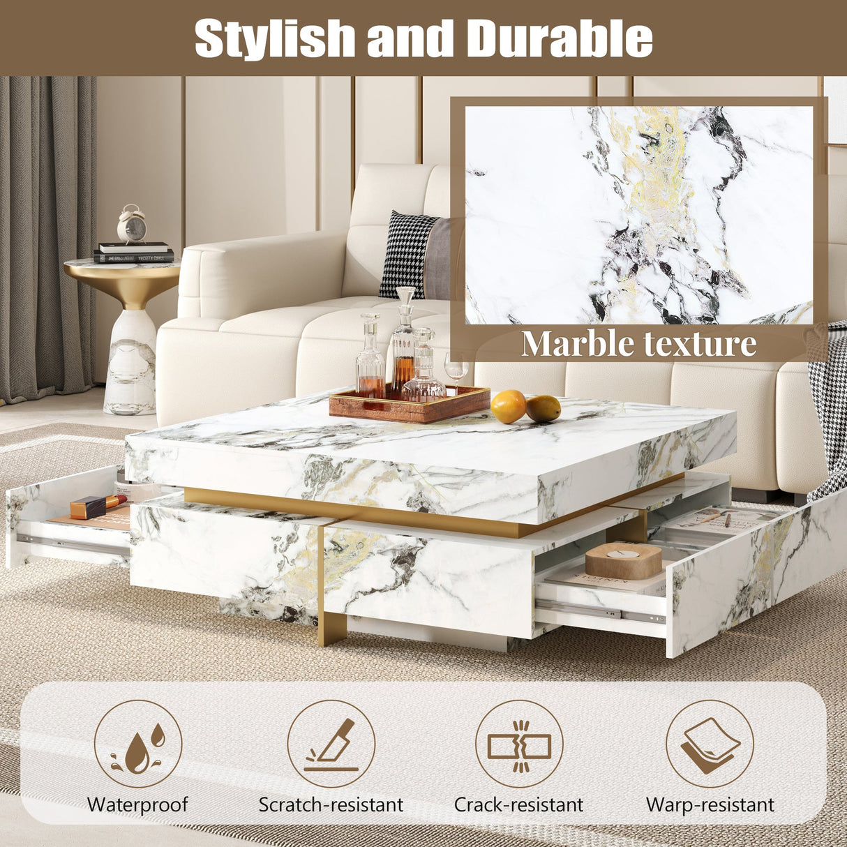 Modern Square Marble Textured Coffee Table with 4 Drawers