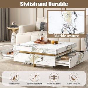 Modern Square Marble Textured Coffee Table with 4 Drawers