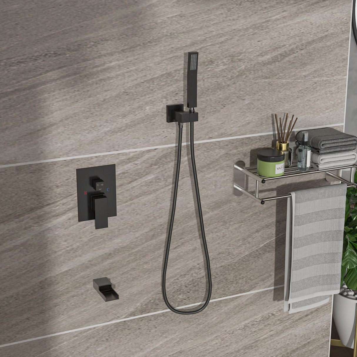 Wall Mounted Square Shower System With Waterfall Tub Spout And 12" Shower Head - Oil-Rubbed Bronze