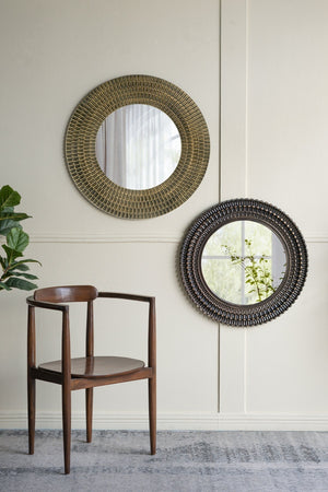 Round Gold and Black Wooden Accent Mirror with Woven Texture - 29.5"