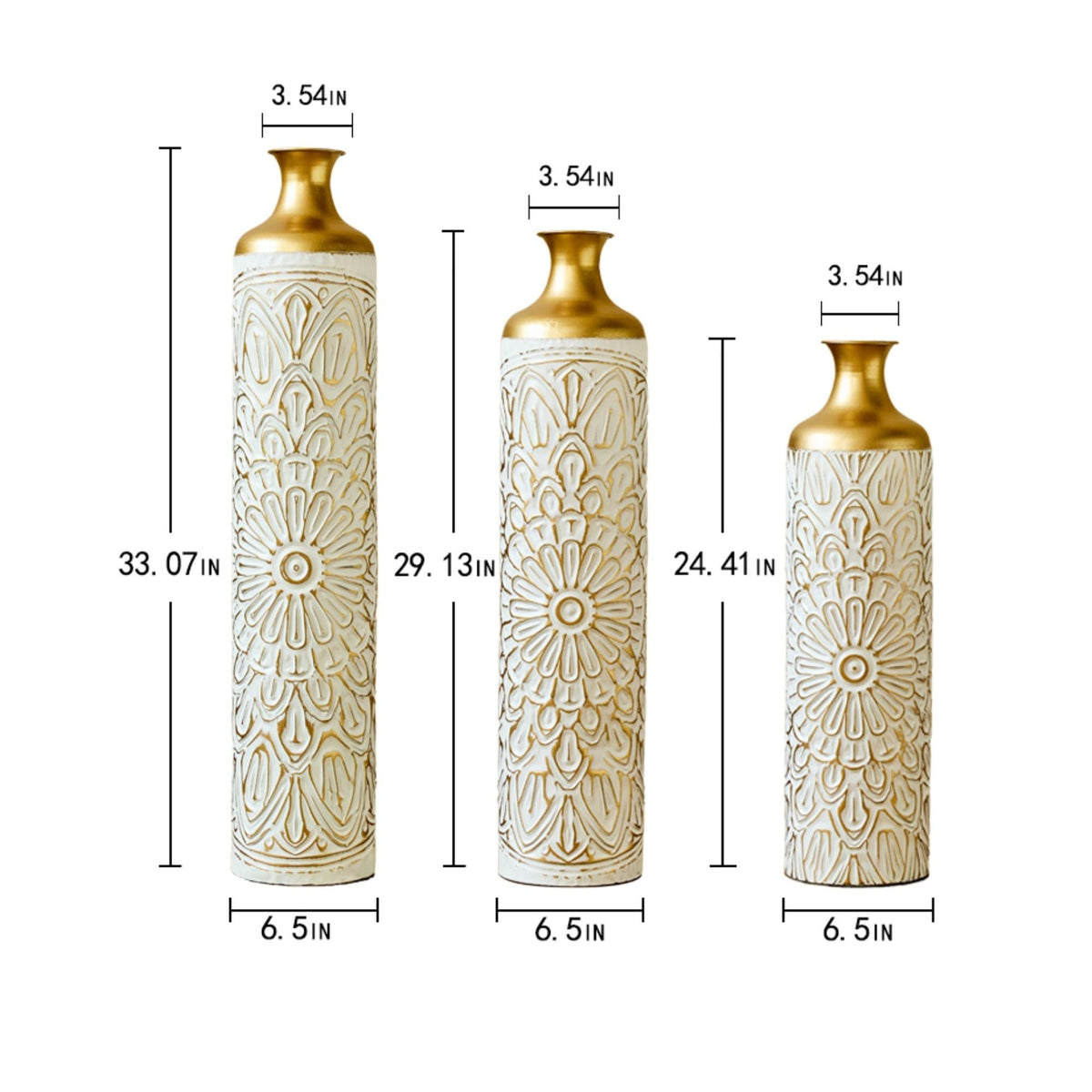 Large Glazed Floor Vases with Elegant Hammered Detail - Gold / White